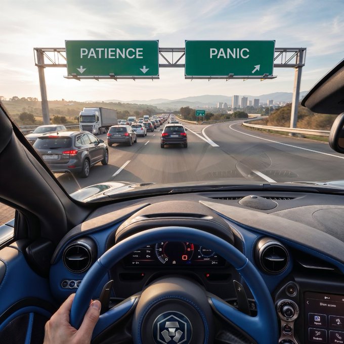 The image shows a car driving down a highway with two green signs above it, one of which reads "patience", while the other says "panic". The perspective of the photo suggests that someone inside the car might be experiencing road rage or frustration due to traffic congestion and long wait times at the exit. This could lead them to feel impatient or even panic-stricken about their situation on the highway, as they may perceive it as a sign of bad luck or an indication of a more significant problem with the transportation system.

The image also includes a person's hand holding the steering wheel and another car in front of them, which further emphasizes the sense of congestion and frustration that many drivers experience during rush hour traffic. The post about two mindsets suggests that there are different ways to approach this situation: one could choose to be patient and wait for their turn or find alternative routes, while the other might feel panic-stricken and take immediate action, such as changing lanes aggressively or honking excessively.