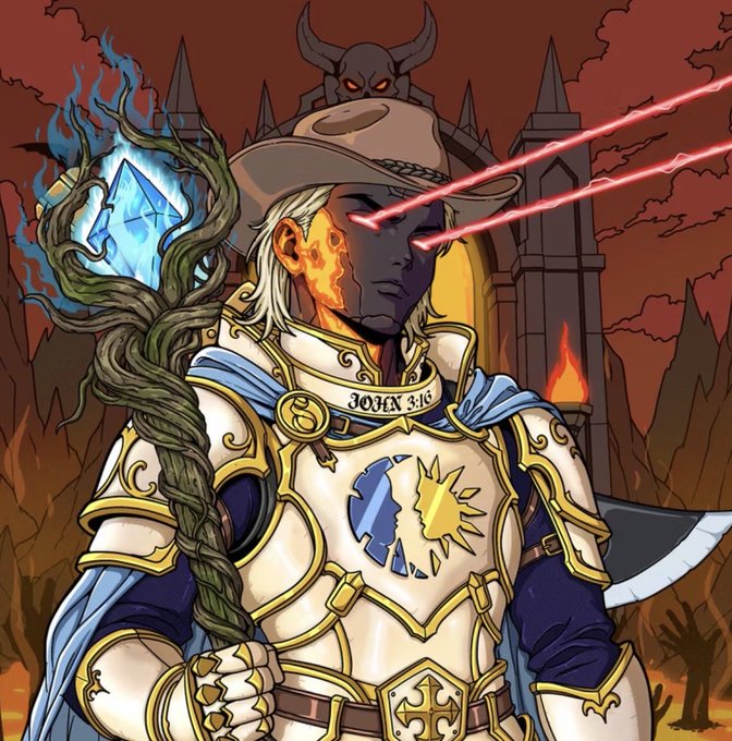 A blonde armored knight with glowing red laser eyes and a fiery half-face stands holding a vine-wrapped staff topped with a blue crystal, bearing a breastplate inscribed with "JOHN 3:16" in front of a hellish castle backdrop—visually amplifying the post's sarcastic "Probably nothing" warning about delisting the @Solgodsnfts project.