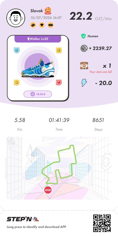 A STEP'N app fitness summary shows user Slavak earning 22.2 GST/Min on 10/07/2026 at 16:07, completing 5.58 km in 01:41:39 with 8,651 steps, and earning +2259.27 GST on a Walker Lv30 sneaker, with 20.0 energy used and 16,464 G coins.