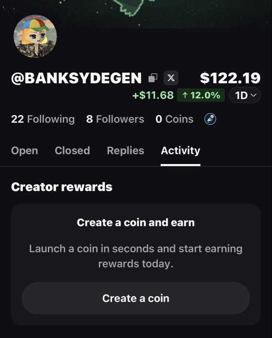 A screenshot of a user profile for "@BANKSYDEGEN" showing a trading value of "$122.19" which is up "+$11.68" or "12.0%" over "1D". The profile lists 22 Following, 8 Followers, 0 Coins, and displays a "Create a coin and earn" promotional section under the "Activity" tab.