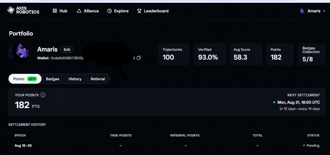 A screenshot of a portfolio dashboard for 'Amaris' on the 'AXIS ROBOTICS' platform, showing 182 Points, 100 Trajectories, a 93.0% Verified score, and a pending settlement history.