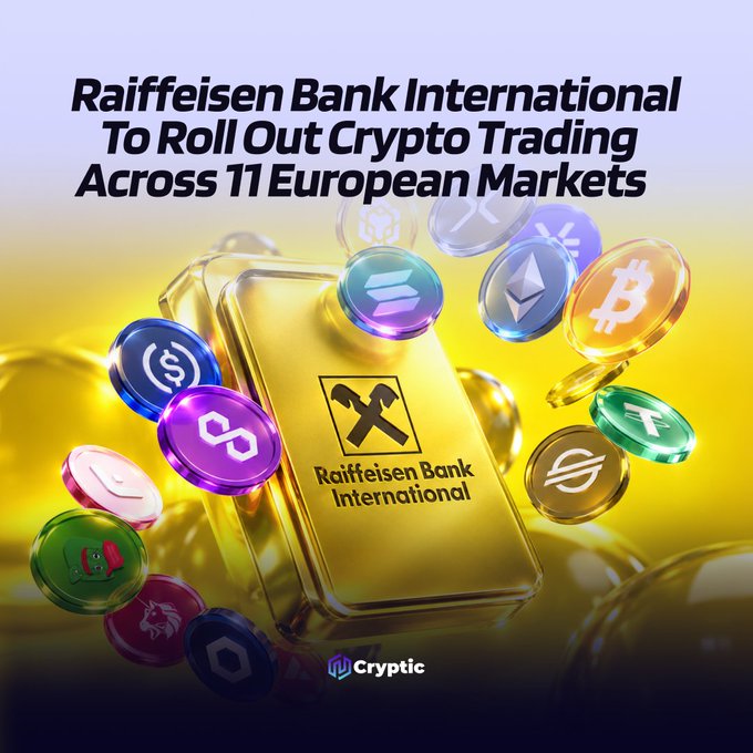 A promotional graphic featuring a gold bar emblazoned with the Raiffeisen Bank International logo, surrounded by colorful cryptocurrency coins, with the headline "Raiffeisen Bank International To Roll Out Crypto Trading Across 11 European Markets"—visually reinforcing the announcement of the bank's partnership with Bitpanda to expand digital-asset services to approximately 18 million customers across Central and Eastern Europe.