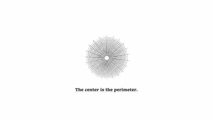 A delicate spiderweb illustration sits above the caption "The center is the perimeter," suggesting that the vulnerability at the heart of a system can manifest at its outermost edges—mirroring how a central design flaw in Coldcard's security spread outward to compromise nearly 1,200 wallets and drain ~$70M in Bitcoin.