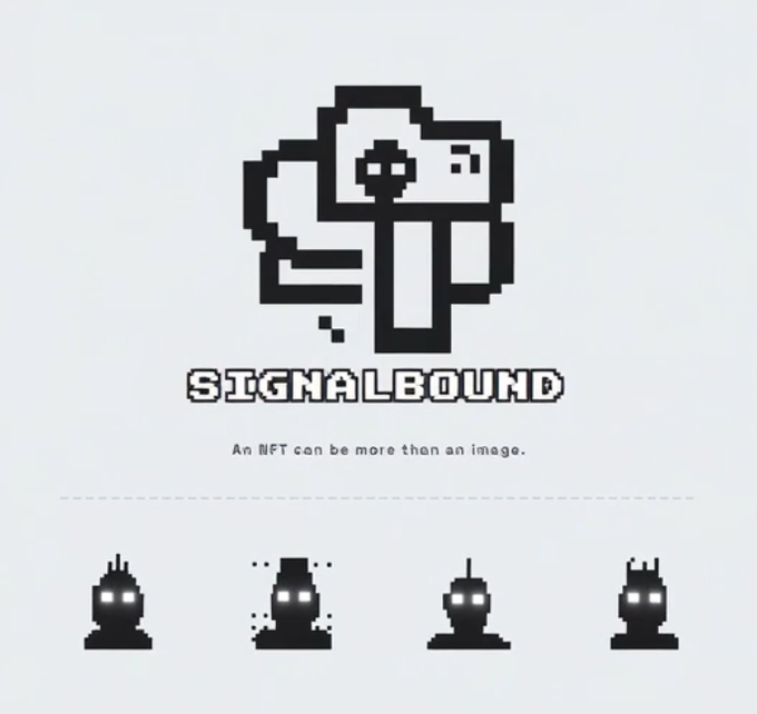 A pixel-art style promotional graphic for 'SIGNALBOUND' featuring a retro hammer character and the tagline 'An NFT can be more than an image,' with four black figure icons below.