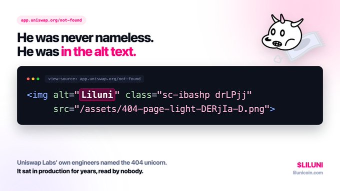 A webpage at app.uniswap.org/not-found featuring the message 'He was never nameless. He was in the alt text.' alongside code showing an alt attribute of 'Liluni' and a small unicorn illustration.