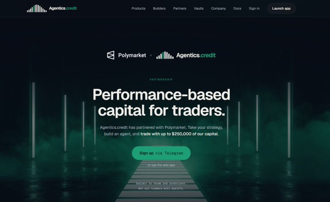 A website landing page for Agentics.credit featuring a partnership announcement with Polymarket, advertising 'Performance-based capital for traders' with up to $250,000 in capital.