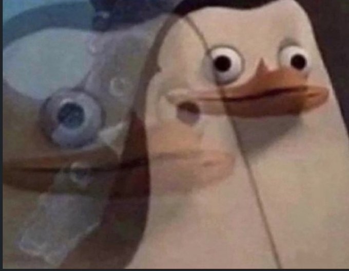 A meme image shows a distorted, unsettling penguin-like character with mismatched eyes next to a robotic fish face.