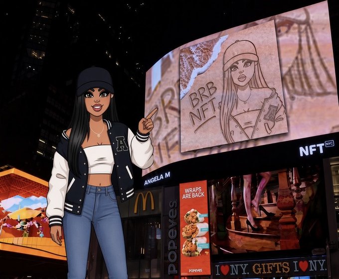 An illustration of a character labeled 'ANGELA M' pointing at a billboard reading 'BRB NFT', set against a nighttime cityscape with Popeyes and NFT NYC signage.