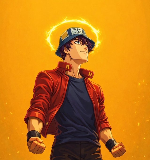 Anime-style illustration of a young man in a red jacket and dark cap with a glowing yellow halo behind his head, set against a bright yellow background.