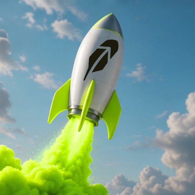 A white and green rocket ship blasts off into a cloudy blue sky with vibrant neon green exhaust, symbolizing a memecoin ready to "moon." The image ties into the post's search for top Robinhood tickers primed for a major price surge.