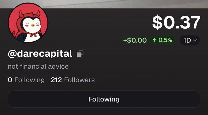 A social media profile for '@darecapital' with a penguin avatar, showing a price of $0.37 with a 0.5% increase, the disclaimer 'not financial advice', and 212 Followers.
