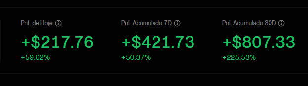 A financial dashboard displays profit and loss figures in green: "PnL de Hoje +$217.76 +59.62%", "PnL Acumulado 7D +$421.73 +50.37%", and "PnL Acumulado 30D +$807.33 +225.53%".