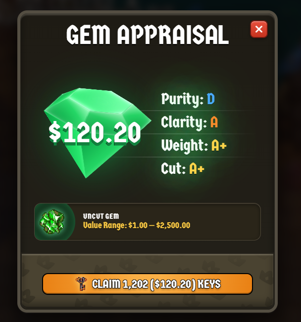 A 'GEM APPRAISAL' interface displaying a green gem valued at $120.20 with stats: Purity D, Clarity A, Weight A+, Cut A+. The button reads 'CLAIM 1,202 ($120.20) KEYS.'