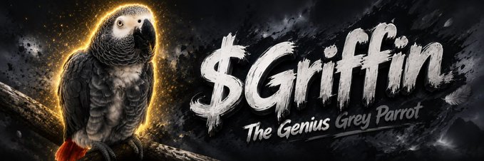 A grey parrot perches on a branch against a dark background, accompanied by the text "$Griffin — The Genius Grey Parrot," promoting the $GRIFFIN memecoin inspired by the famously intelligent African Grey parrot Griffin from The Alex Foundation.