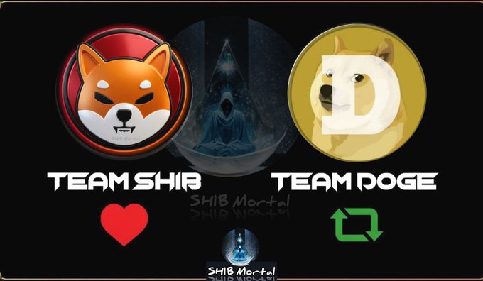 The image displays a meme-style comparison between "TEAM SHIB" (featuring a Shiba Inu logo with a red heart) and "TEAM DOGE" (featuring a Dogecoin logo with a green refresh/utility icon), with a hooded figure and "SHIB Mortal" branding between them, visually framing the debate over which cryptocurrency has more utility.