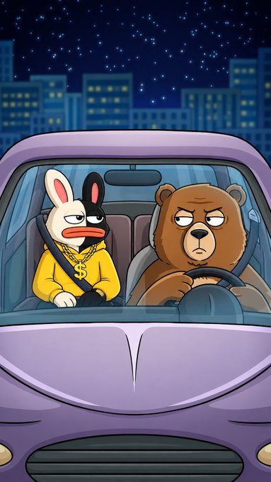 A cartoon illustration shows an annoyed-looking rabbit wearing a yellow hoodie with a dollar sign ($) necklace sitting in the passenger seat of a car, while a grumpy brown bear drives. The scene takes place at night with a starry sky and city skyline in the background. 

This image cleverly relates to the post about a "$SOL" airdrop—the bear and rabbit characters are well-known mascots in the Solana community, often used to represent buying and selling pressure. The "$" necklace on the rabbit hints at the crypto/wallet theme, while the characters' unamused expressions likely allude to the skepticism or "rug pull" concerns often associated with airdrop posts that ask users to submit their wallet addresses.