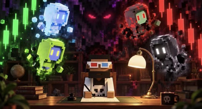 A pixel art scene featuring a character wearing 3D glasses and a VR headset at a desk, surrounded by floating voxel ghosts in green, blue, red, and black against a background of candlestick charts.