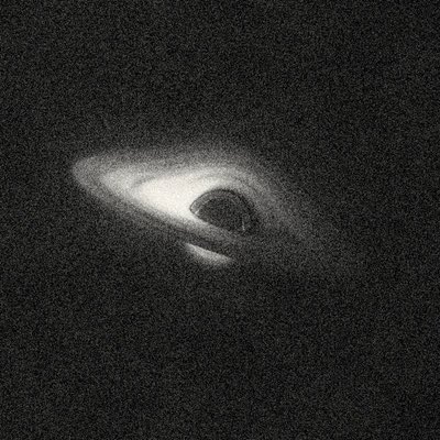 A grayscale image showing a luminous cosmic structure with a dark central void surrounded by a bright, tilted ring of light against a dark, grainy background.