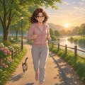 A small, low-resolution illustration of a woman holding a cat, walking a small dog on a path lined with flowers.