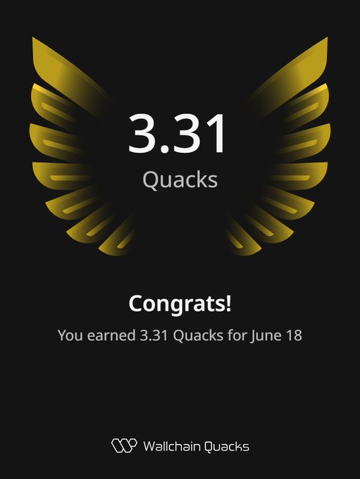 The image features a poster with a gold bird's wing design at its center. The text "Happy Blessed Friday Earned 3.31 Quacks" is displayed below the bird, indicating that someone has earned 3.31 Quacks for their work on Wallchain Quacks. The poster also includes a message congratulating the person who earned the Quacks and stating that they are an "Honest worker".