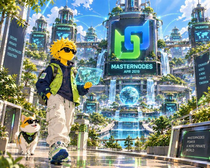 An anime-style illustration featuring a character with yellow hair and sunglasses holding a holographic device, standing next to a Corgi, with futuristic towers labeled 'VALIDATOR' and 'MASTERNODES APR 2019' in the background.