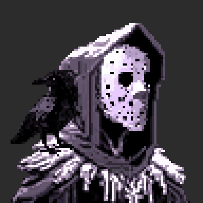 Pixel art style image of a hooded figure wearing a white hockey mask with a black crow or raven perched on their shoulder against a dark background.