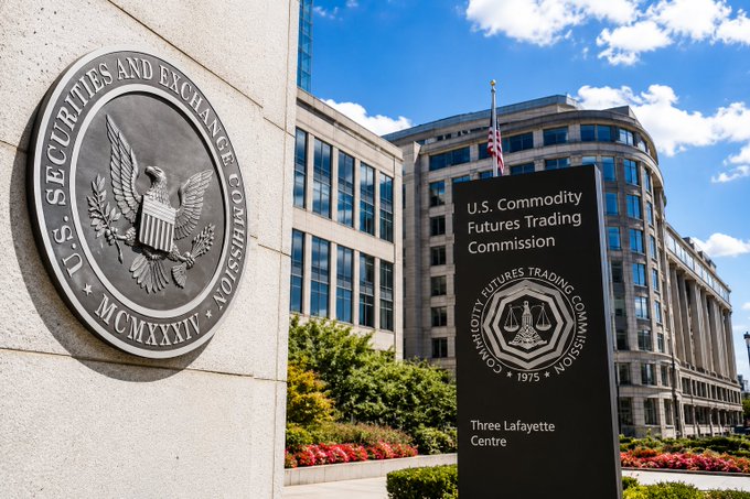 The exterior of the U.S. Commodity Futures Trading Commission (CFTC) building at Three Lafayette Centre, featuring a large bronze seal of the U.S. Securities and Exchange Commission (MCMXXXIV, 1934) mounted on a stone wall.