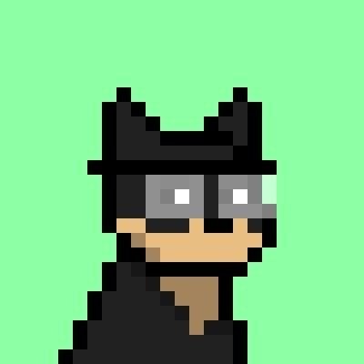 A pixel art character with cat ears, sunglasses, and a black cloak standing against a bright green background.
