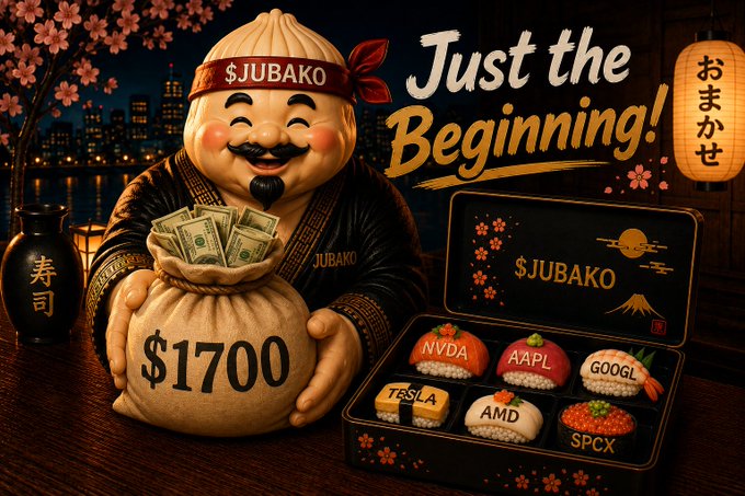 A promotional image for $JUBAKO featuring a smiling figurine holding a sack of money labeled '$1700' next to a bento box with sushi labeled NVDA, AAPL, GOOGL, TESLA, AMD, and SPCX, with the text 'Just the Beginning!' against a nighttime Japanese cityscape.