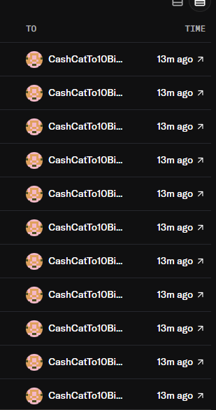 A mobile app transaction list shows a series of identical transfers 'TO CashCatTo10Bi...' all occurring '13m ago', each featuring a smiling emoji avatar.