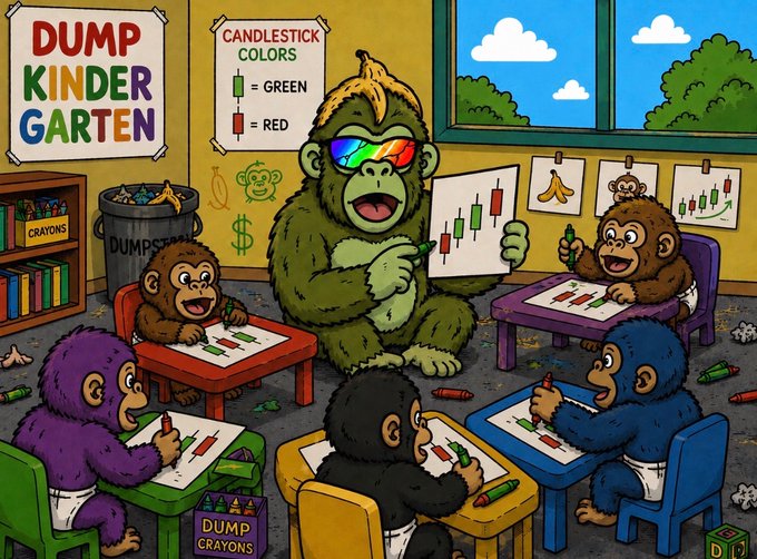 A cartoon illustration titled 'DUMP KINDER GARTEN' showing a gorilla teacher wearing rainbow sunglasses teaching baby gorillas about candlestick chart colors (green and red) in a classroom setting.