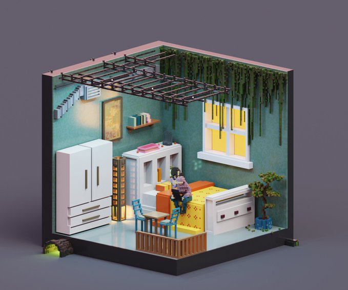 An isometric 3D render of a small bedroom scene featuring a character sitting on a yellow bed, a wardrobe, desk with chairs, and a trellis ceiling with hanging vines.