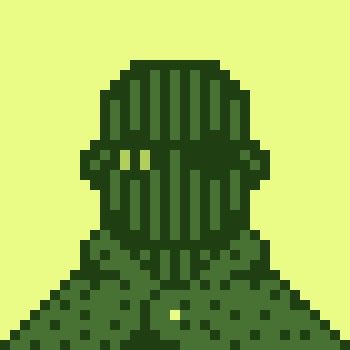 A pixel art rendering of a figure with a green hooded robe or helmet, set against a muted yellow-green background.