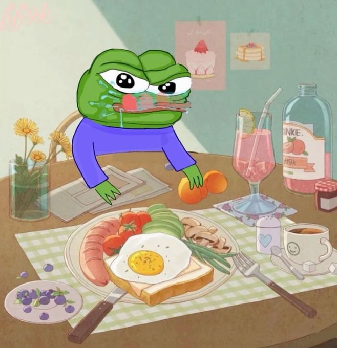 A cartoon frog crying over a meal that includes a fried egg on toast, sausages, tomatoes, and avocado.