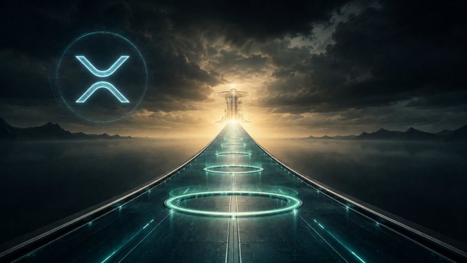 Futuristic digital landscape showing a glowing path of circular portals leading toward a bright light, with a glowing XRP logo floating in a circular frame in the cloudy sky.