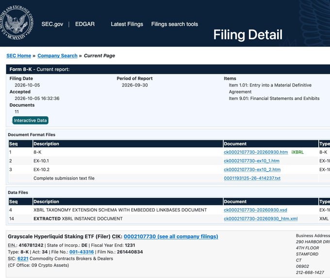 An SEC EDGAR filing detail page for a Form 8-K for the 'Grayscale Hyperliquid Staking ETF' (CIK: 0002107730), filed on 2026-10-05, listing documents including EX-10.1 and EX-10.2.