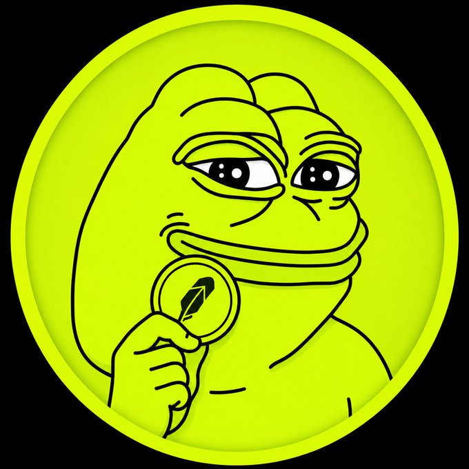 A digital illustration of the Pepe the Frog meme holding a coin with a rocket emblem, rendered in green and black.