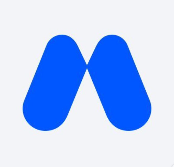 A blue stylized 'M' or infinity-like logo on a white background.