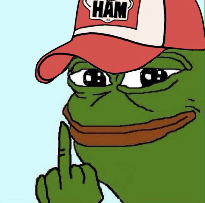 The image features a cartoon frog wearing a red baseball cap with "HAM" written on it, giving off an impression of being a farmer who dislikes the color red. The frog appears to be making a face or showing disapproval towards the color red while holding up its middle finger in a playful manner.