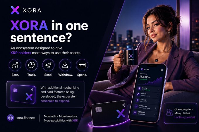 A promotional graphic for 'XORA' (xora.finance), an XRP-based ecosystem, featuring a woman with a XORA mug and card, highlighting features like Earn, Track, Send, Withdraw, and Spend.