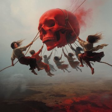 A dark, surreal digital artwork depicting multiple figures swinging on ropes attached to a giant red human skull suspended in the sky, with red smoke trailing behind it.