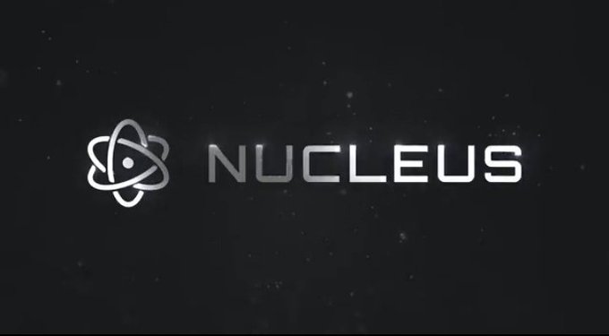 The image displays the "NUCLEUS" logo featuring a stylized atom-like emblem next to the wordmark in white against a dark, starry background. It aligns with the post by visually branding Nucleus as the project referenced, reinforcing its identity as a Web3 platform focused on building a reputation and trust layer rather than chasing superficial engagement metrics.