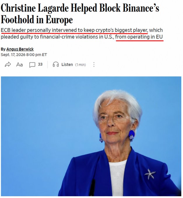 A news article screenshot with the headline "Christine Lagarde Helped Block Binance's Foothold in Europe" by Angus Berwick, dated Sept. 17, 2026, featuring a photo of an older woman with short white hair wearing a bright blue blazer with a starfish pin against a blue background, with the subtitle noting ECB leadership intervention to prevent the crypto giant from EU operations.