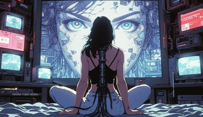 A silhouetted woman with cables running down her spine sits cross-legged before a massive screen displaying an enormous, cybernetic face with glowing blue eyes, surrounded by stacked retro monitors in a dim, tech-filled room. The watermark "©ENDER TUEUR DESIGN" is visible in the lower-left corner, reinforcing the cyberpunk aesthetic that visually echoes the post's theme of users wired into and monetized by digital platforms like EarnOS.