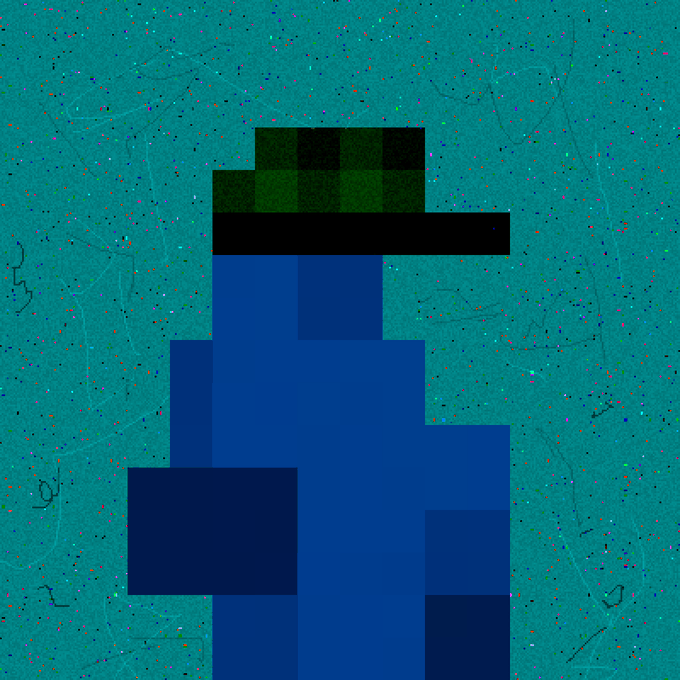 A pixelated, blocky digital illustration of an abstract figure wearing a dark green hat and a blue body, set against a speckled teal background.
