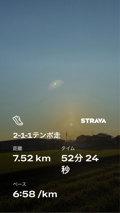A Strava screenshot showing a 2-1-1 tempo run with a distance of 7.52 km, time of 52 minutes 24 seconds, and pace of 6:58 /km, set against a sunset sky.