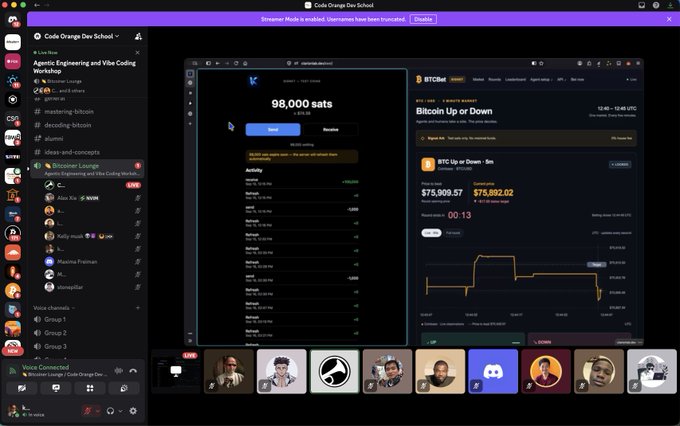A Discord voice channel called "Bitcoin Lounge" shows participants in a collaborative session, with shared screens displaying the Keel Ark Wallet (showing 98,000 sats) and BTCBet's "Bitcoin Up or Down" betting interface. The image visually represents the post's discussion about integrating Ark and Lightning L402 payments for autonomous agent betting, demonstrating the wallet and betting platform components of the project.