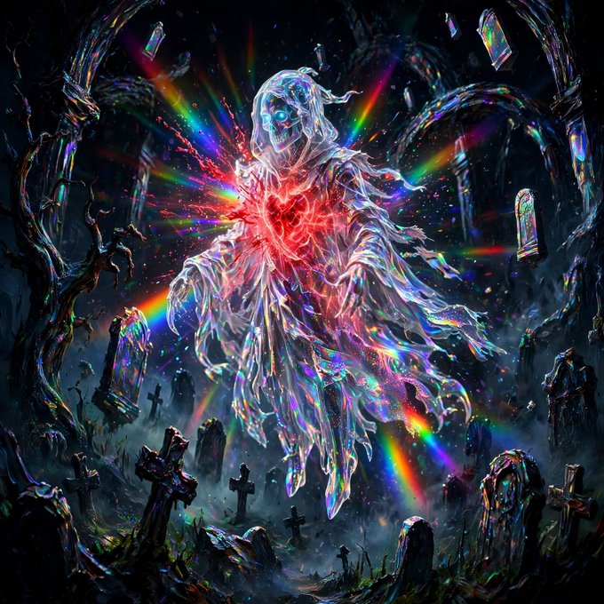 A dark fantasy digital artwork depicts a glowing spectral figure with a red heart-like core floating among gravestones, with rainbow light rays radiating outward and shattered glass-like fragments scattered in the air.