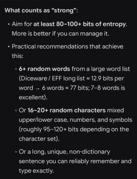 An infographic titled "What counts as 'strong':" explaining password strength, recommending 80-100+ bits of entropy via 6+ random words or 16-20+ random characters.