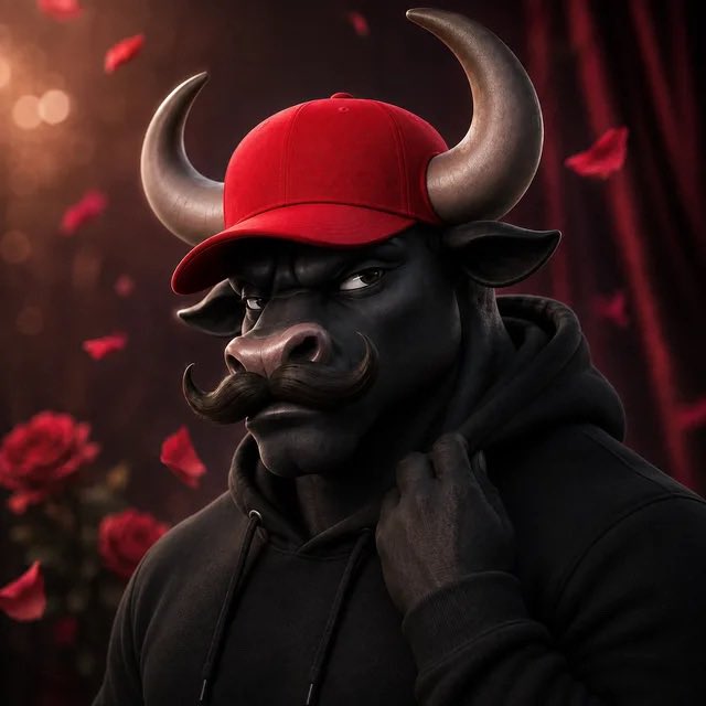 A stylized portrait of a bull-headed humanoid figure wearing a red baseball cap and a black hoodie, set against a dark red background with falling rose petals.